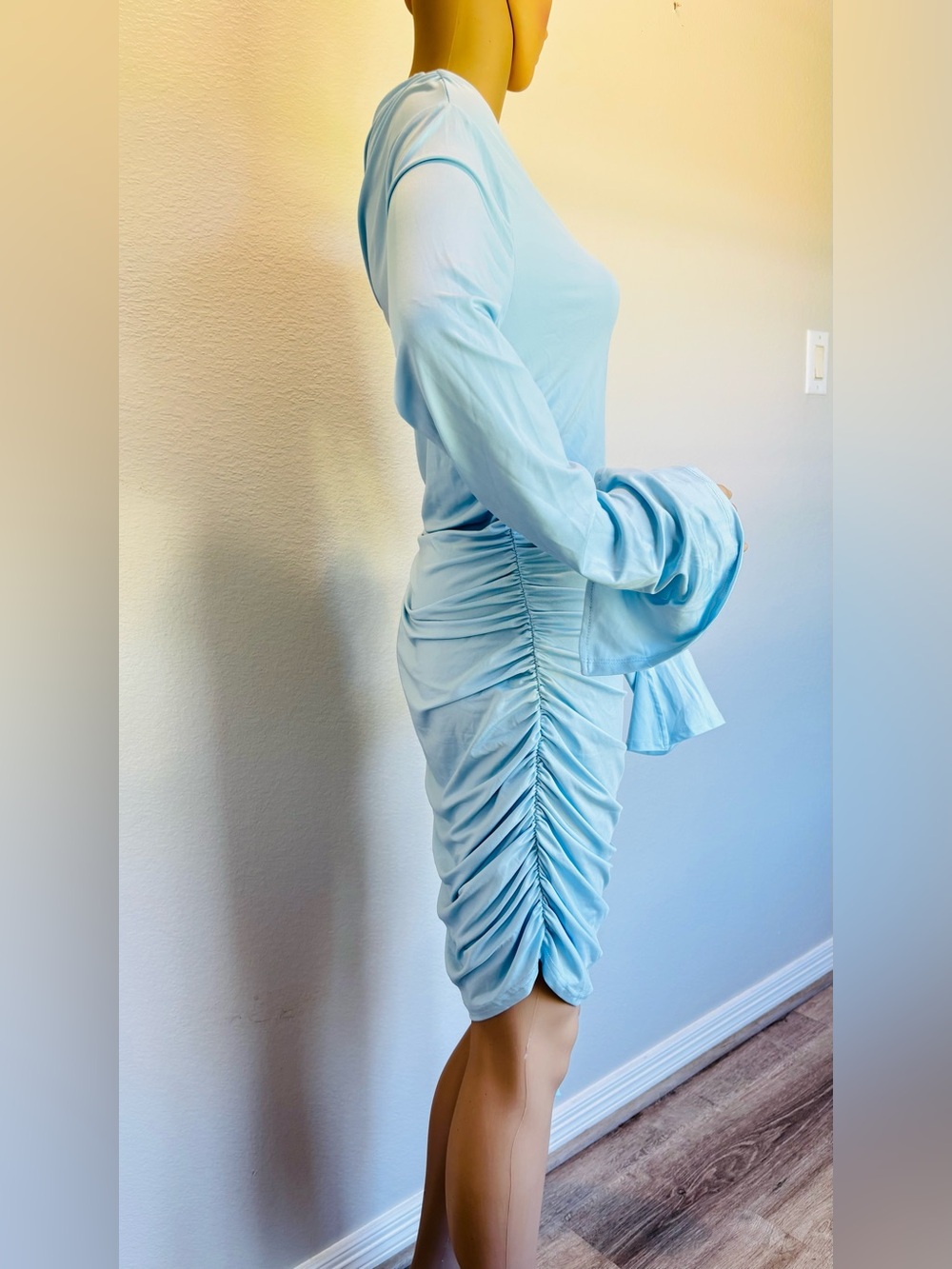 SHEIN Baby Blue One-Shoulder Ruched Mini Dress with Rosette Ruffle NWT - Picture 4 of 16